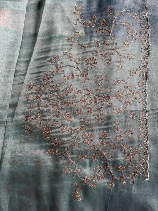 Light blue color 1gm Glass Tissue designer saree with Embroidery thread work Mandira Silks