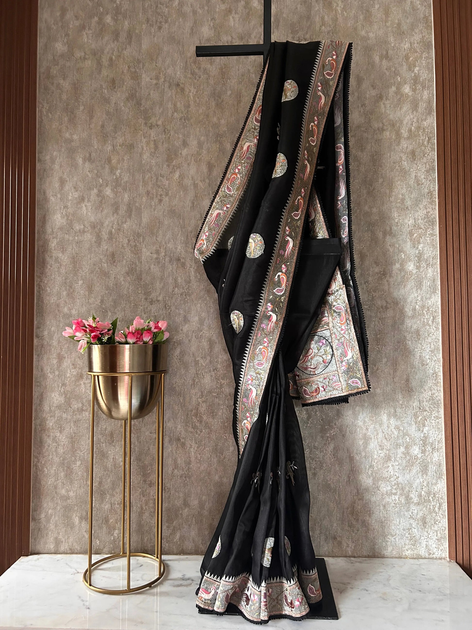 Black Color 1gm Glass Tissue designer saree with silver embroidery work Mandira Silks