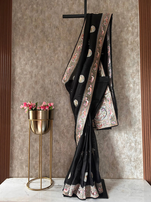 Black Color 1gm Glass Tissue designer saree with silver embroidery work Mandira Silks