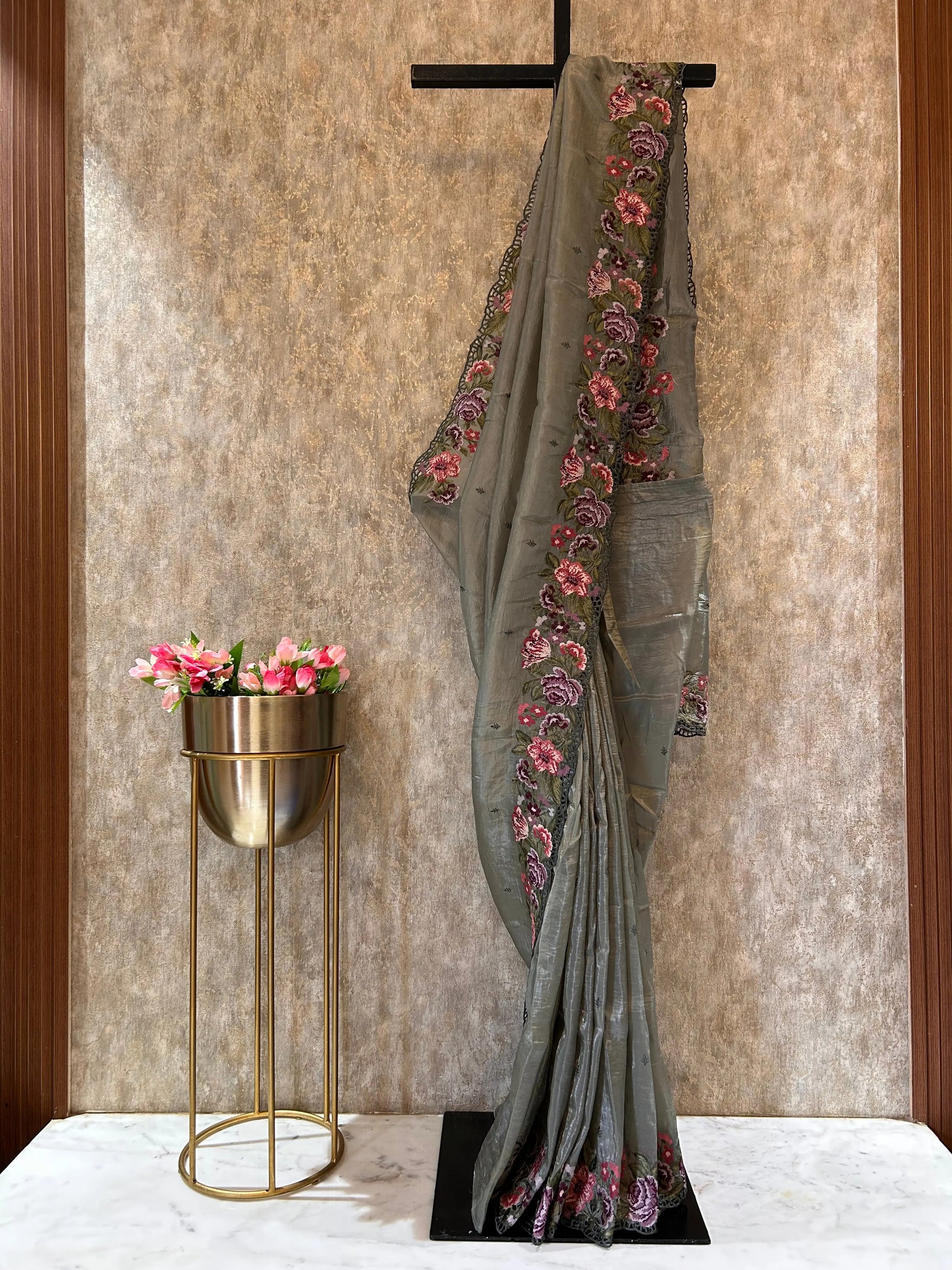 Metallic Grey Color Glass Tissue Designer Saree with embroidery and cut work Mandira Silks