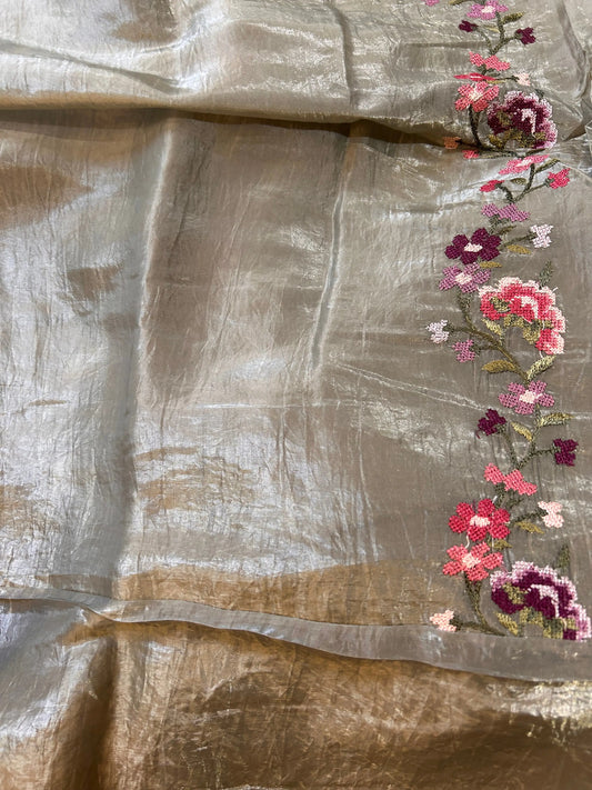 Metallic Grey Color Glass Tissue Designer Saree with embroidery and cut work Mandira Silks