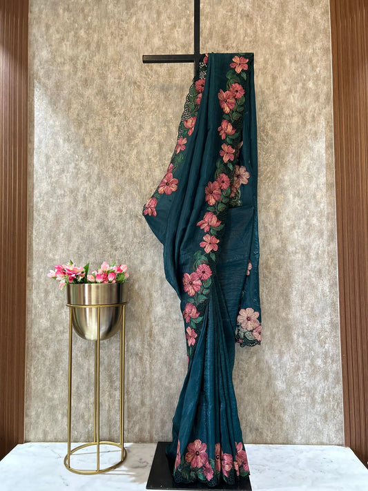 Deep Green Color Glass Tissue Designer Saree with embroidery and cut work Mandira Silks