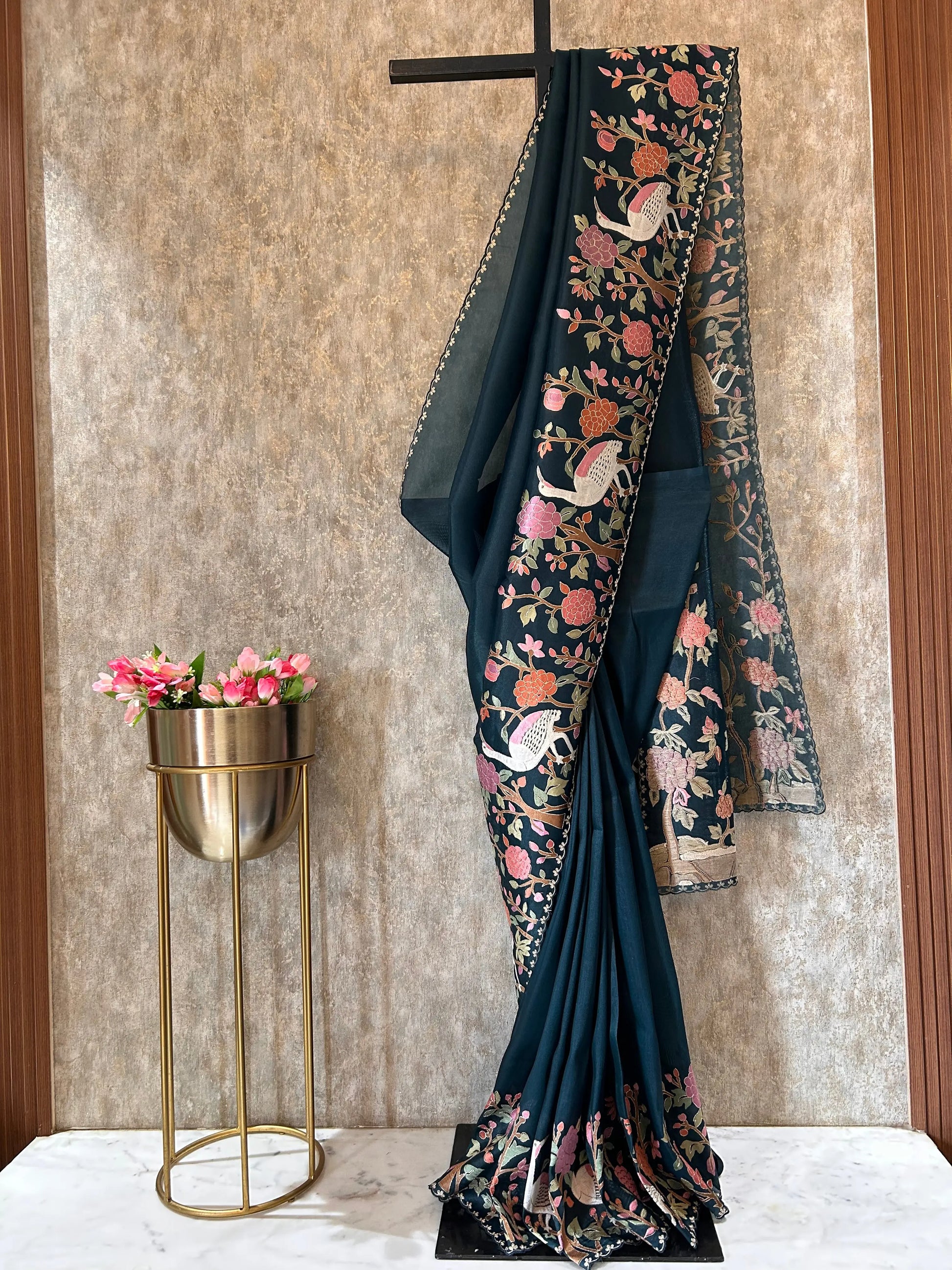 Deep Green Color 1gm Glass Tissue designer saree with Embroidery thread work Mandira Silks