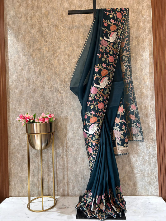 Deep Green Color 1gm Glass Tissue designer saree with Embroidery thread work Mandira Silks