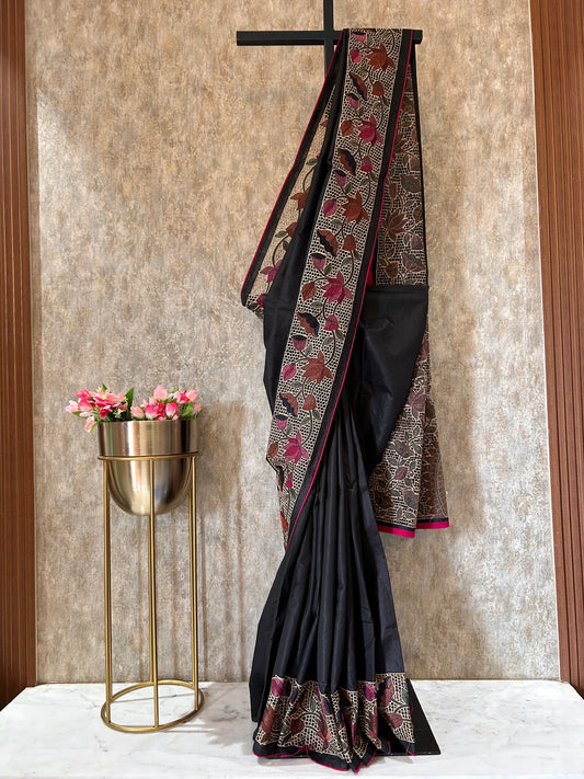 Black Color Tussar Saree floral design cut work Mandira Silks