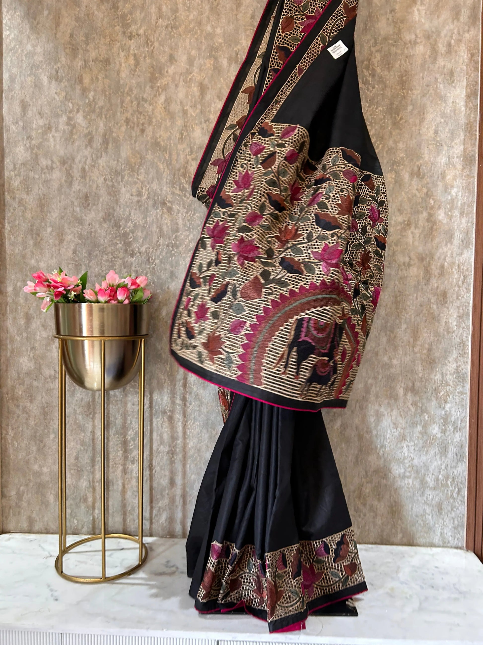 Black Color Tussar Saree floral design cut work Mandira Silks