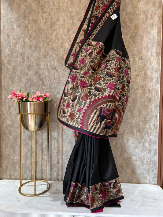 Black Color Tussar Saree floral design cut work Mandira Silks