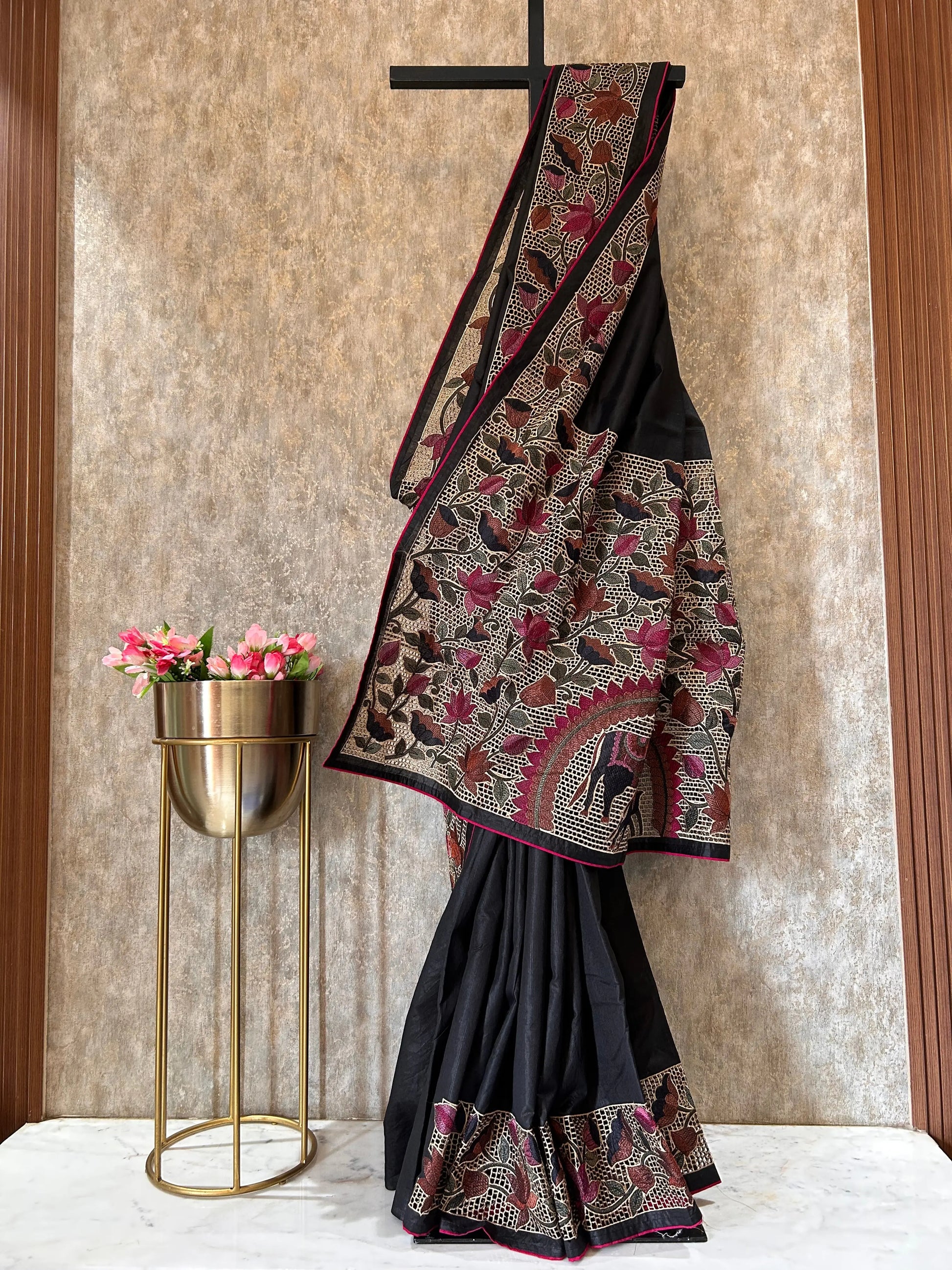 Black Color Tussar Saree floral design cut work Mandira Silks
