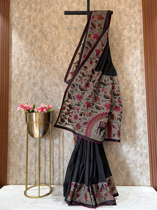 Black Color Tussar Saree floral design cut work Mandira Silks