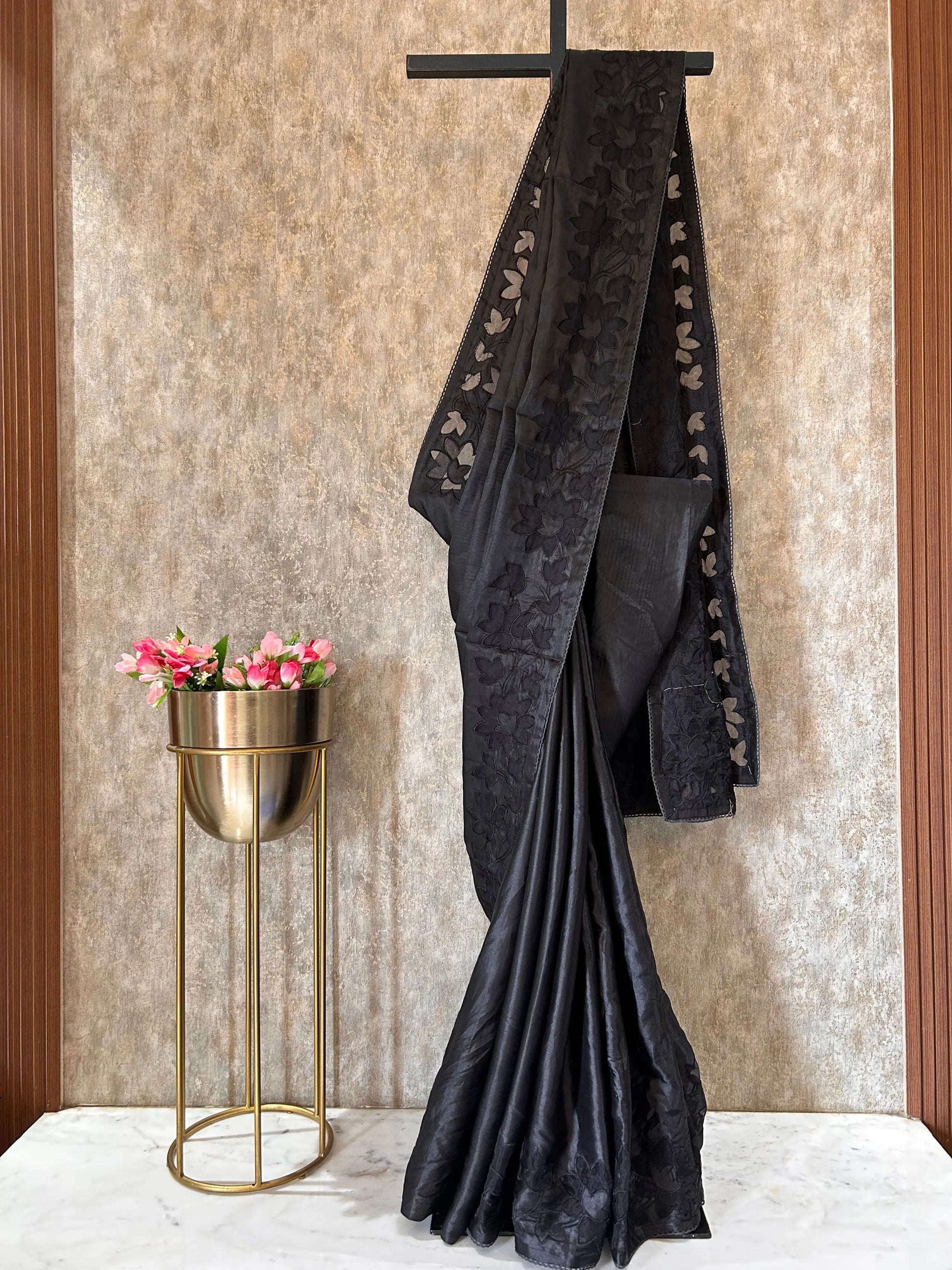 Black Color Dabu Tussar Saree with appliqué work Mandira Silks