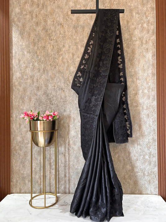 Black Color Dabu Tussar Saree with appliqué work Mandira Silks