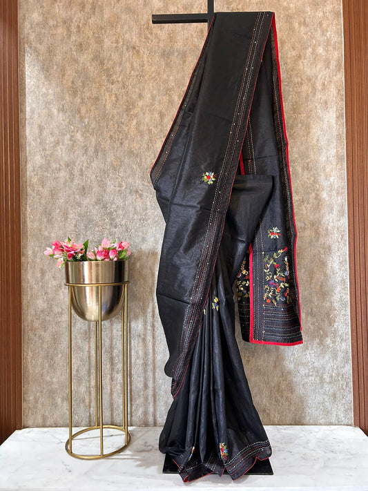 Black color Tussar saree with kantha stich Mandira Silks