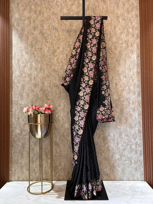 Black Color crepe silk saree with embroidery work Mandira Silks