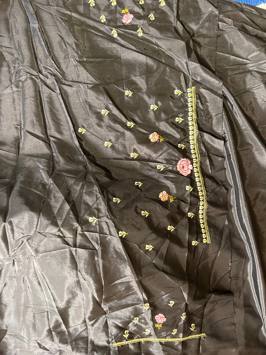 Black Color crepe silk saree with embroidery work Mandira Silks