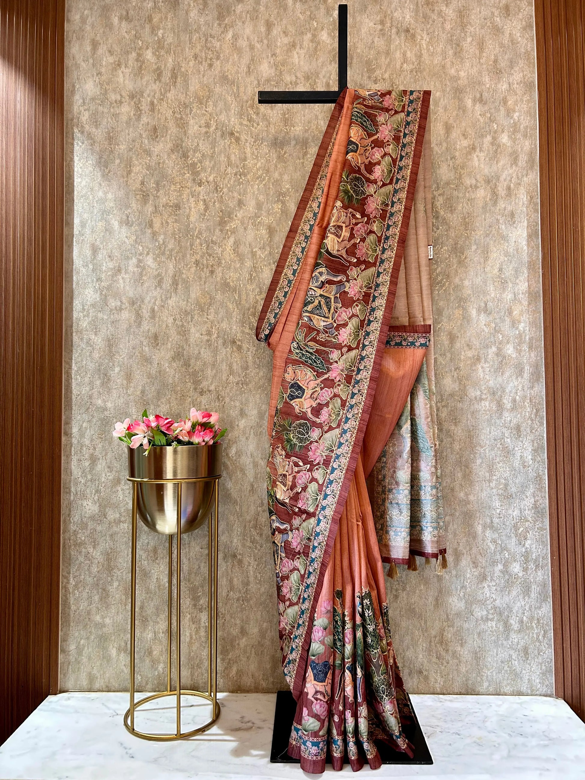 Rust color printed Tussar Saree with embroidery work Mandira Silks