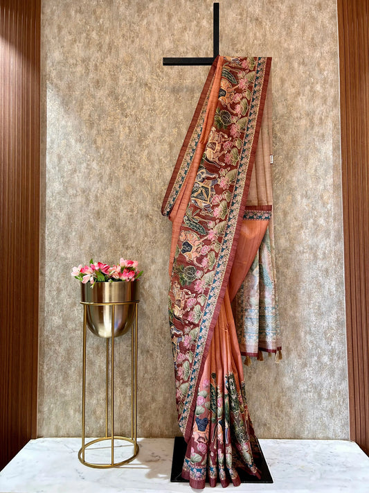 Rust color printed Tussar Saree with embroidery work Mandira Silks