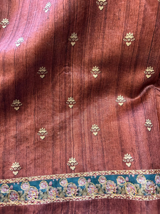 Rust color printed Tussar Saree with embroidery work Mandira Silks