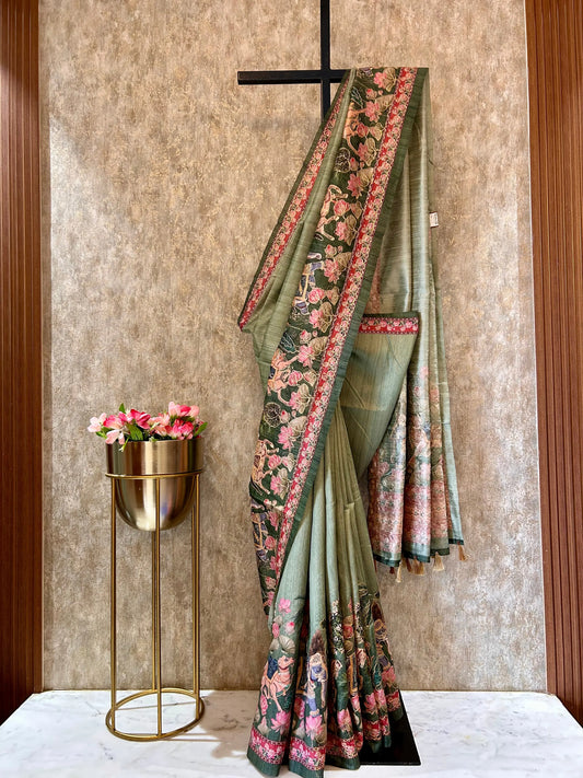 Metallic Green color printed Tussar Saree with embroidery work Mandira Silks
