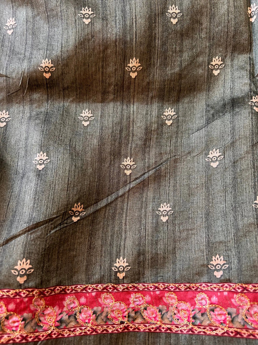 Metallic Green color printed Tussar Saree with embroidery work Mandira Silks
