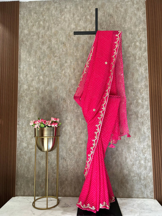 Pink Color Pure Georgette leheriya saree with Gota Patti work Mandira Silks