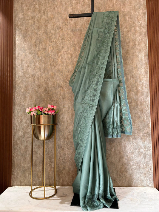 Light green Color Tussar Saree with appliqué work Mandira Silks