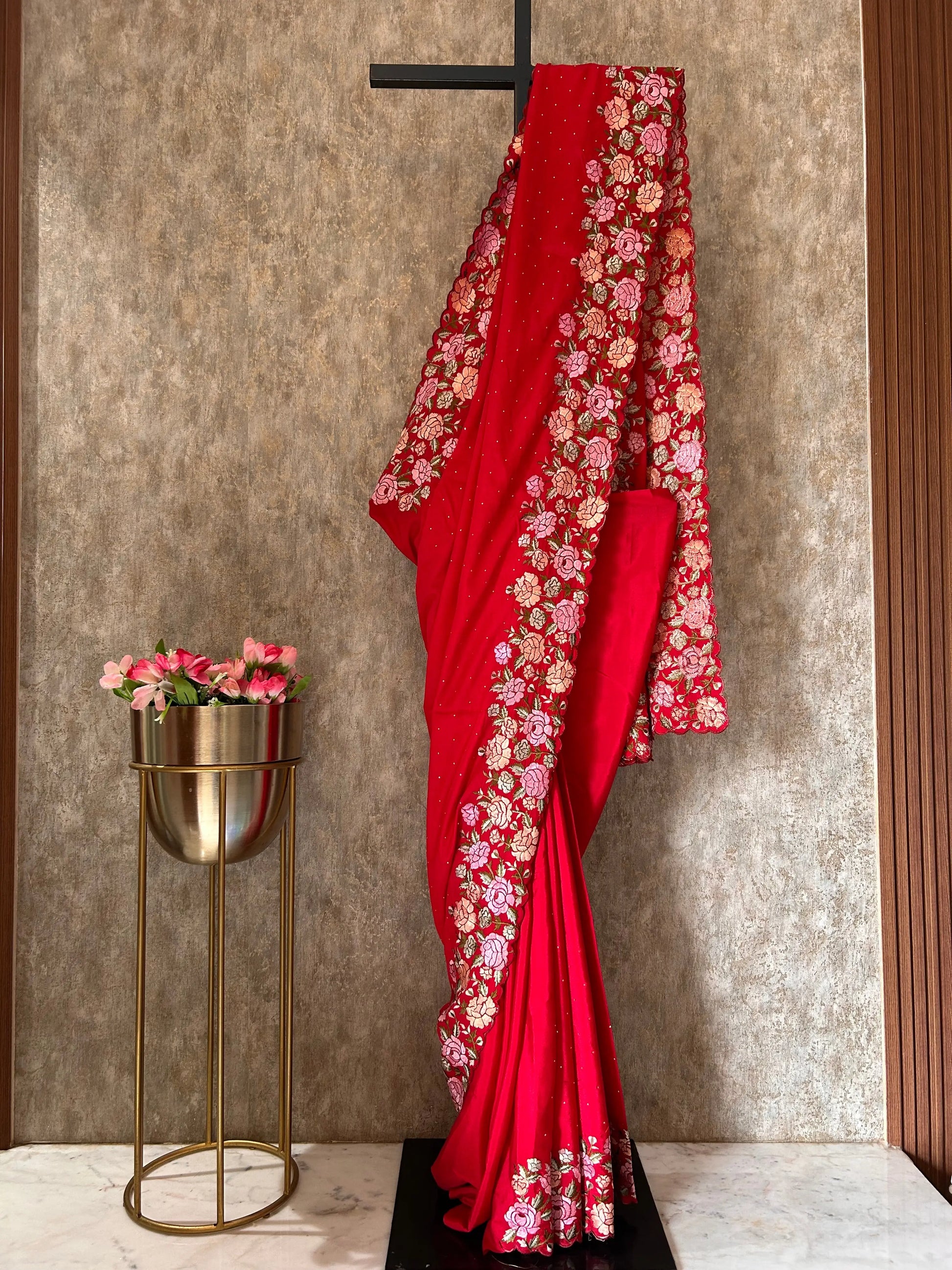 Red Color crepe silk saree with embroidery work Mandira Silks