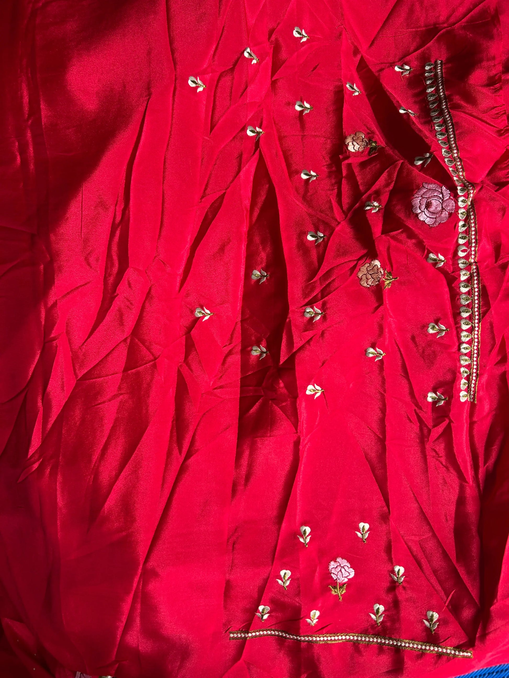 Red Color crepe silk saree with embroidery work Mandira Silks