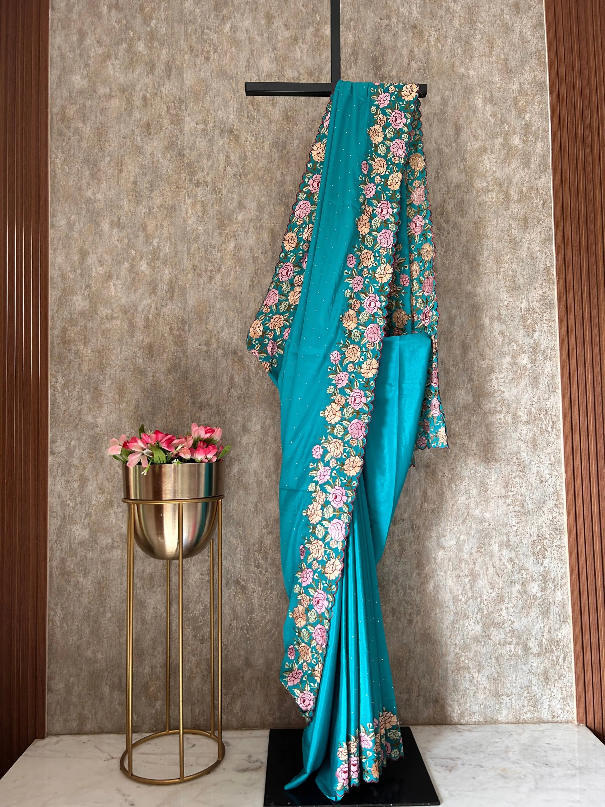 Blue Color crepe silk saree with embroidery work Mandira Silks