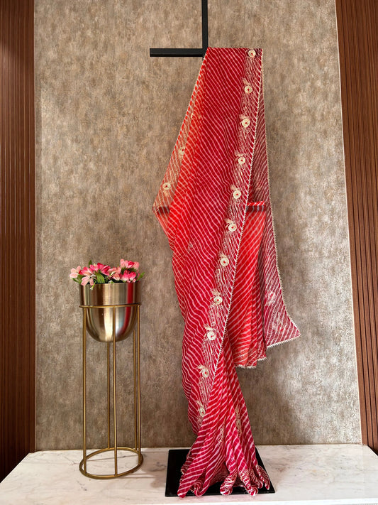 Maroon Color shaded Pure Georgette leheriya saree with Gota Patti work Mandira Silks