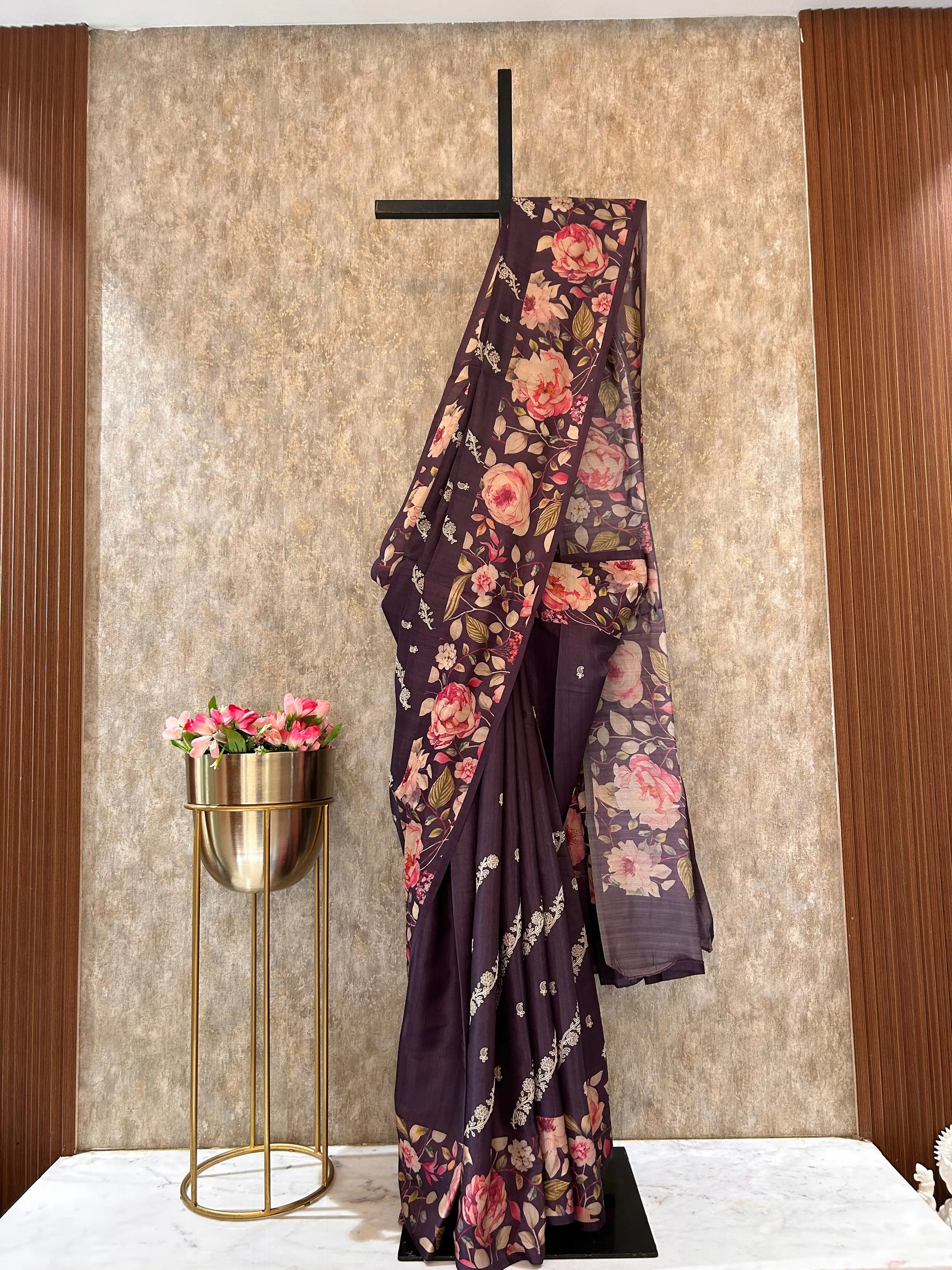 Purple color Dabu Tussar Saree with embroidery work and floral print on border and pallu Mandira Silks