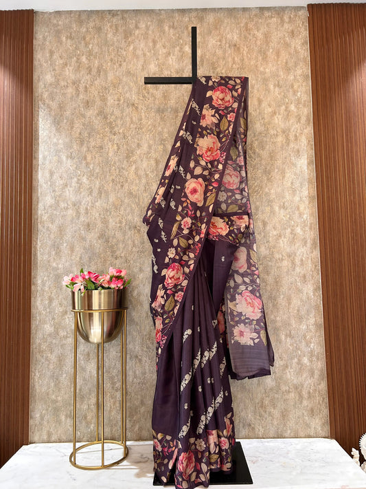 Purple color Dabu Tussar Saree with embroidery work and floral print on border and pallu Mandira Silks