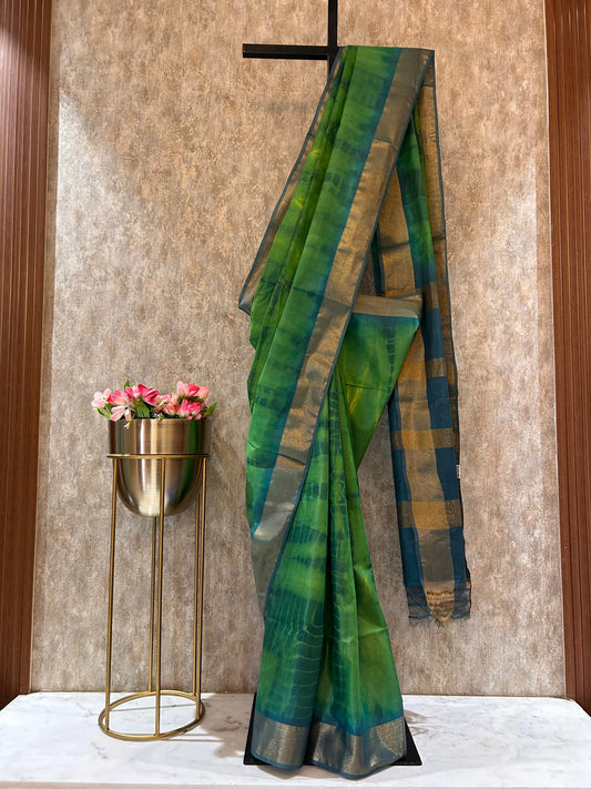 Green color Shibori Tie and Die pattern Semi Tussar Saree Mandira Silks