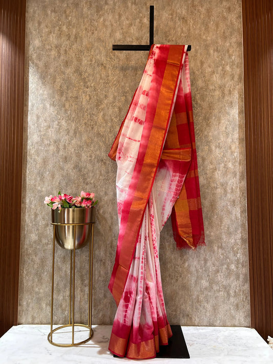 White and Red Color Shibori Tie and Die pattern Semi Tussar Saree Mandira Silks
