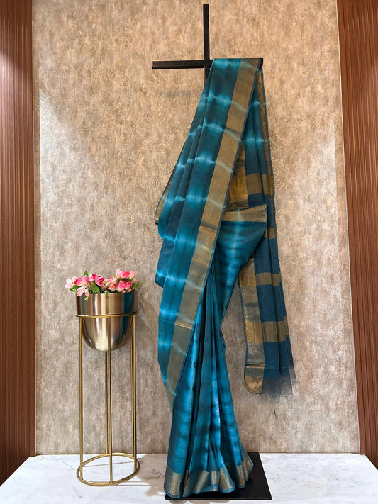 Peacock Blue Color Shibori Tie and Die pattern Semi Tussar Saree Mandira Silks