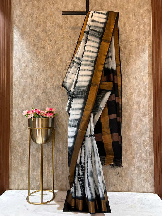 White and Black Color Shibori Tie and Die pattern Semi Tussar Saree Mandira Silks