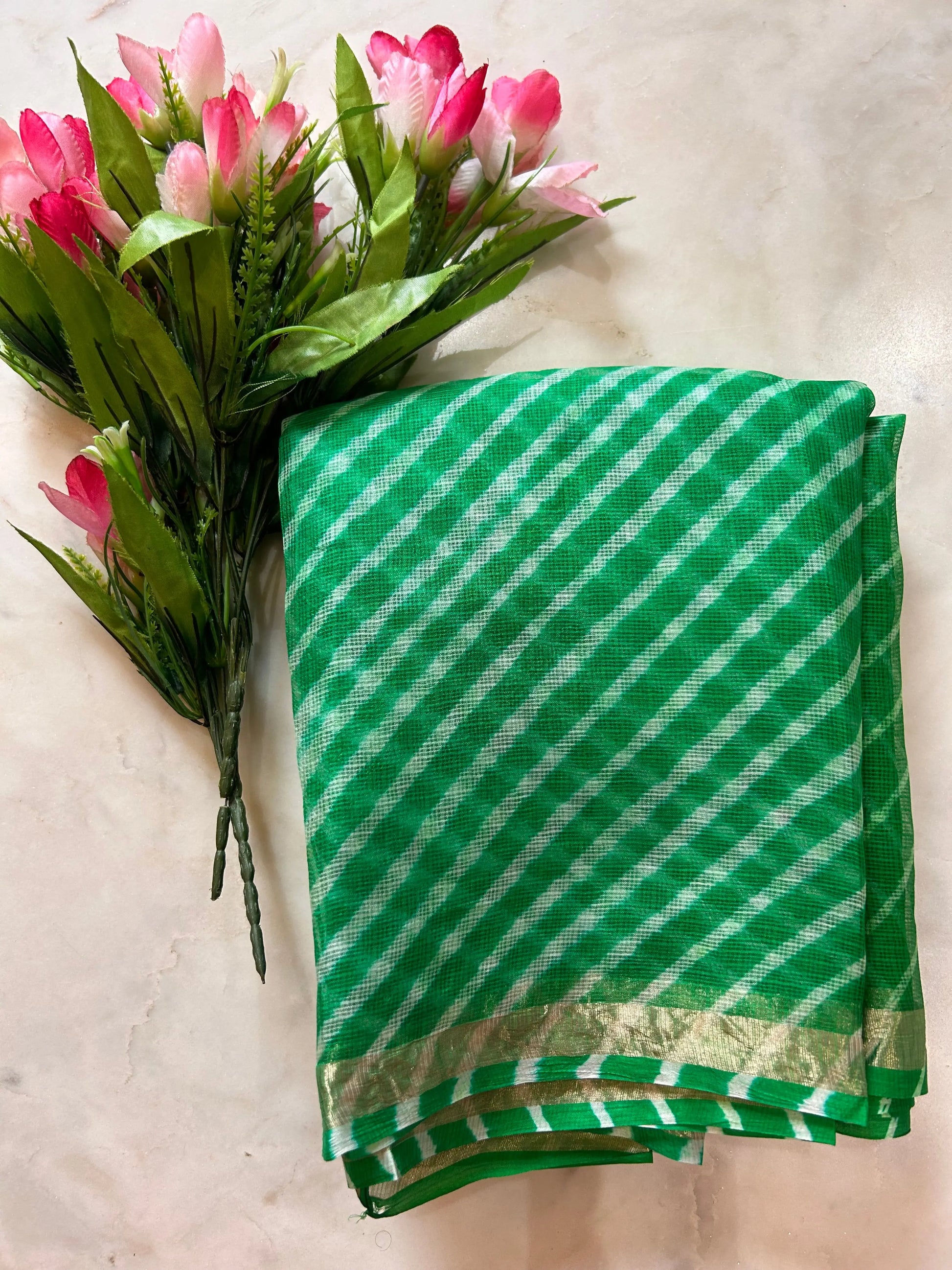Green Color Pure Kota Silk Saree with Lehariya Pattern Mandira Silks