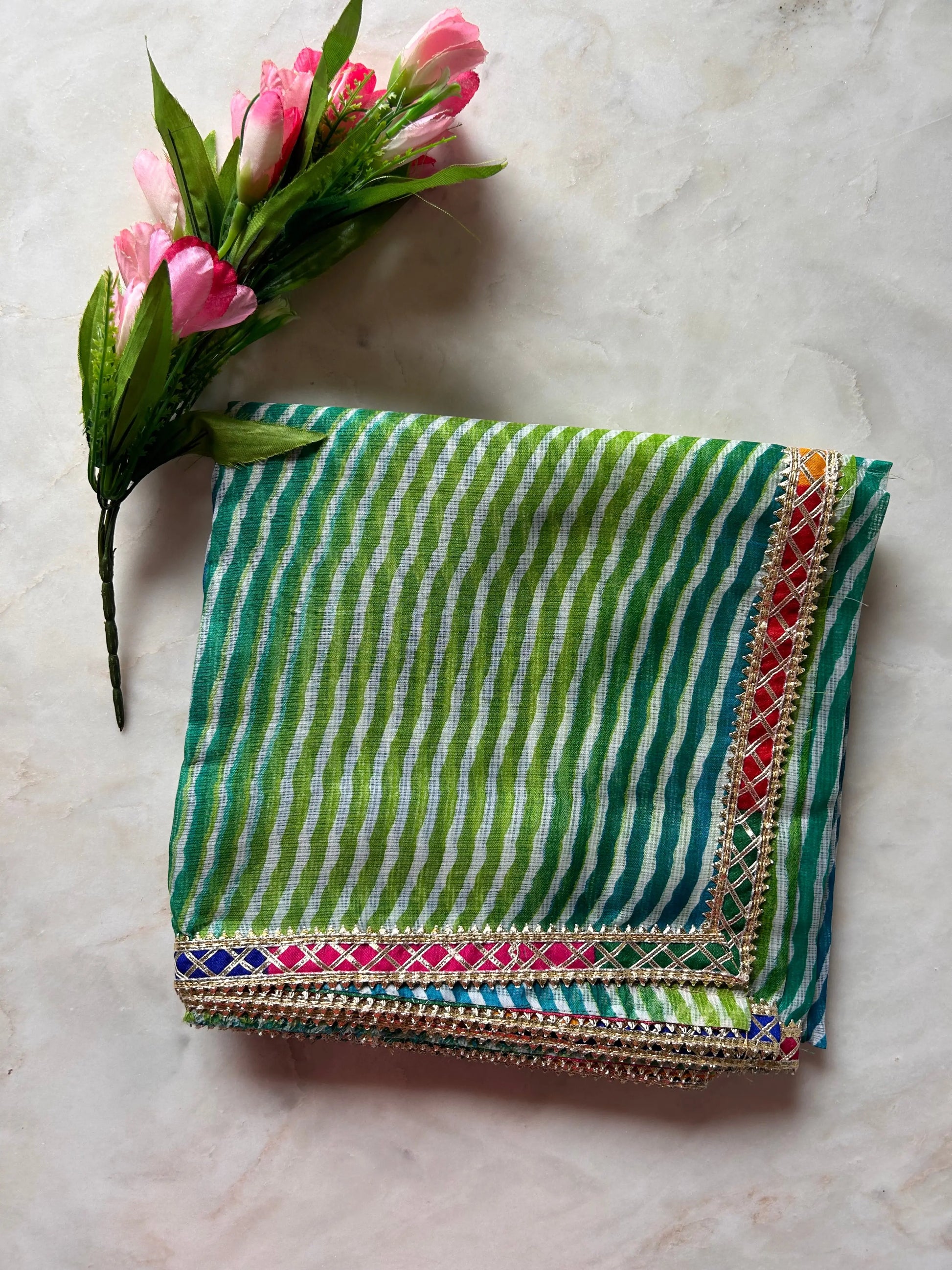 Green Color Kota Lehariya Saree with Gota Patti Mandira Silks