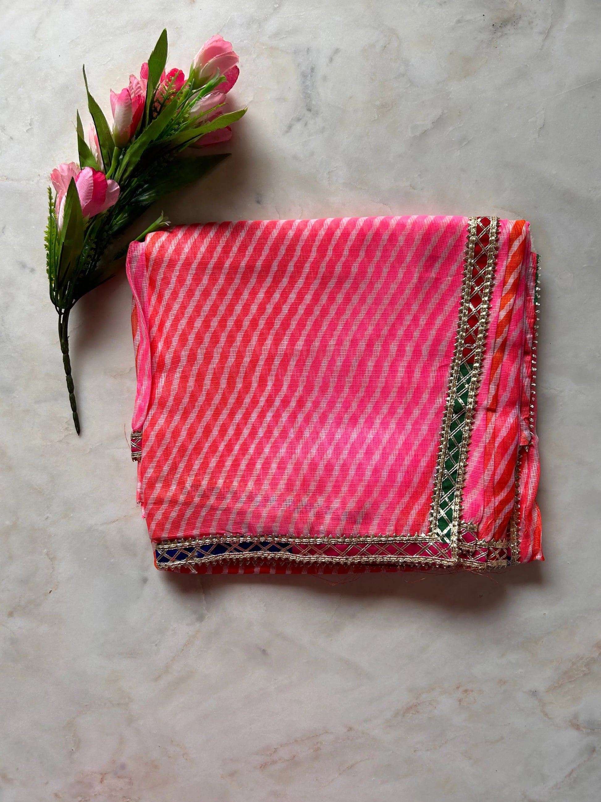 Pink and Orange Color Kota Lehariya Saree with Gota Patti Mandira Silks