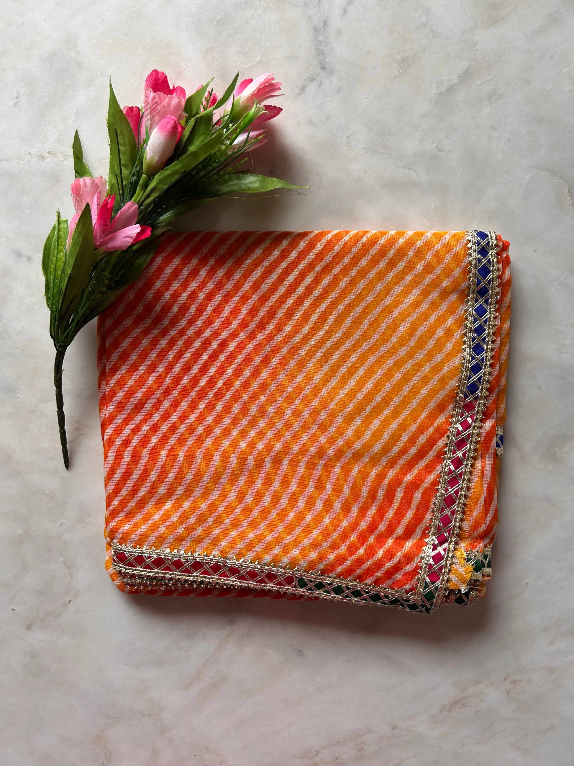 Yellow and Orange Color Kota Lehariya Saree with Gota Patti Mandira Silks