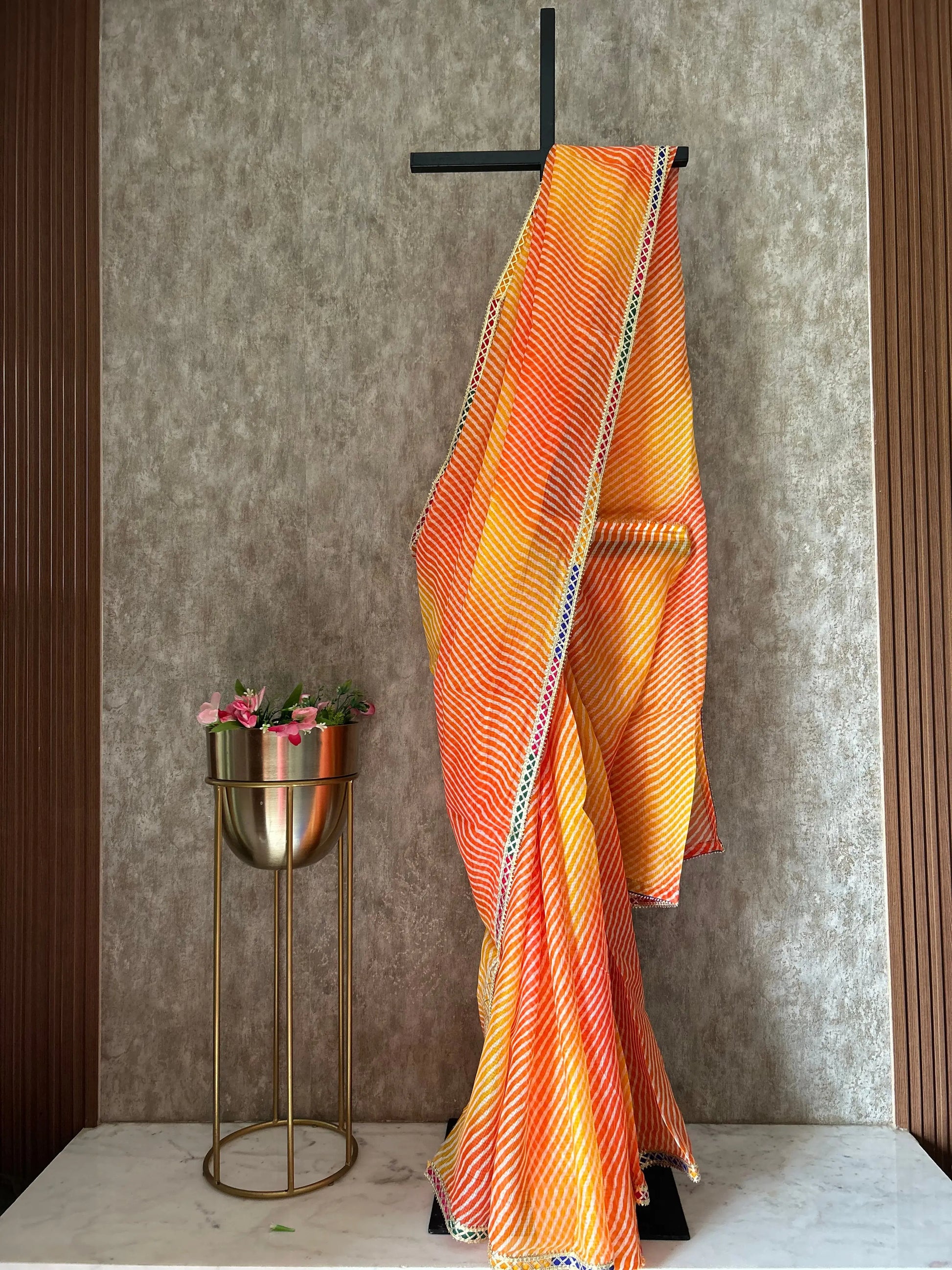 Yellow and Orange Color Kota Lehariya Saree with Gota Patti Mandira Silks