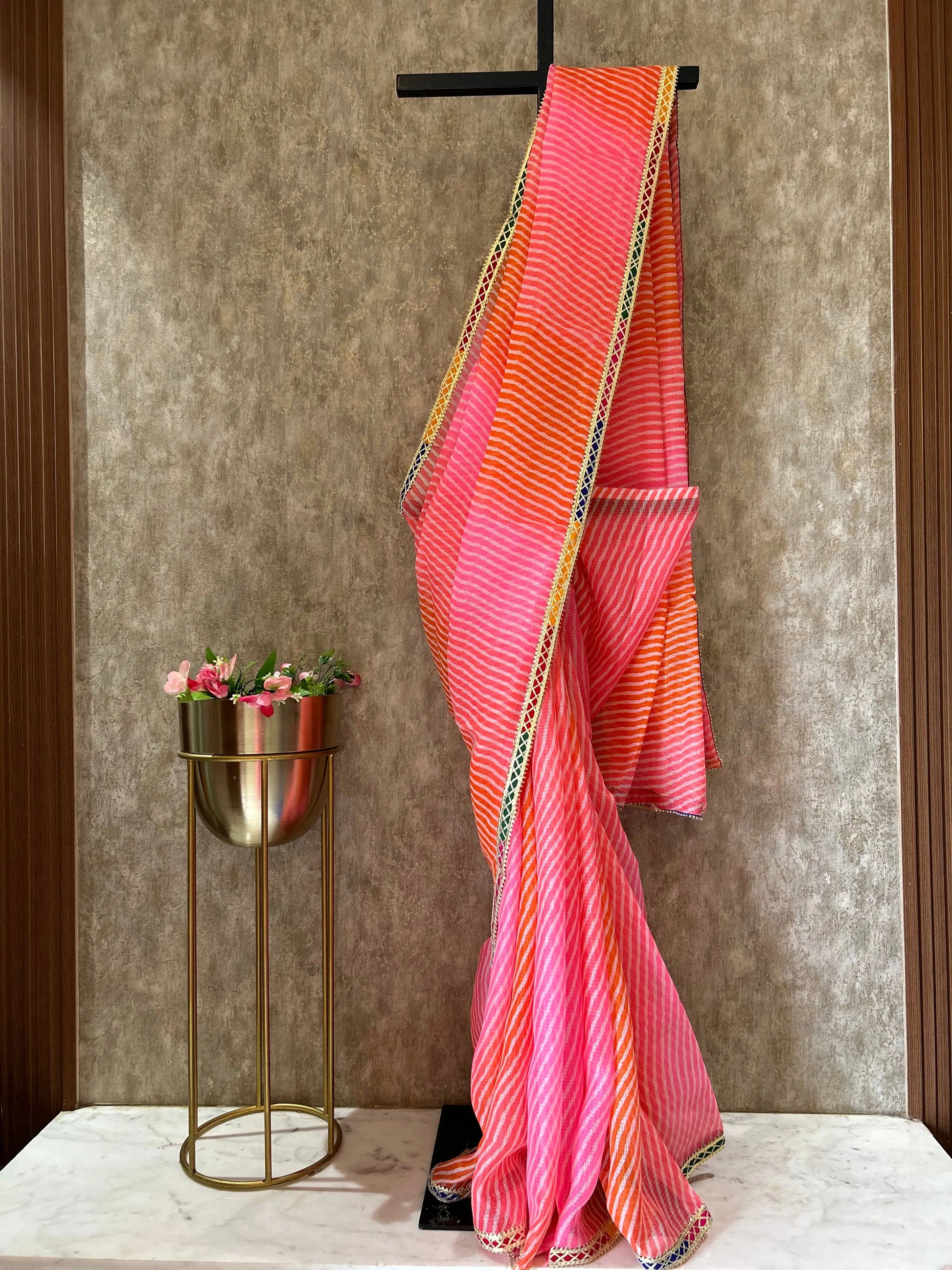 Pink and Orange Color Kota Lehariya Saree with Gota Patti Mandira Silks