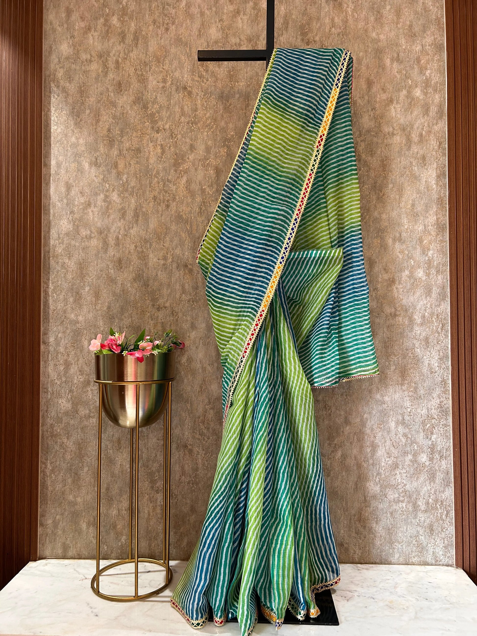Green Color Kota Lehariya Saree with Gota Patti Mandira Silks