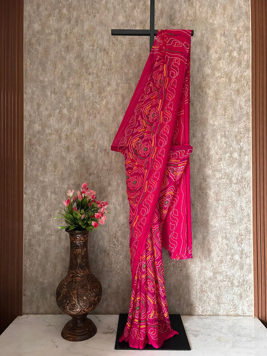Rani Pink daily wear soft Georgette saree with stitched sleeve less blouse for Daily Wear Mandira Silks