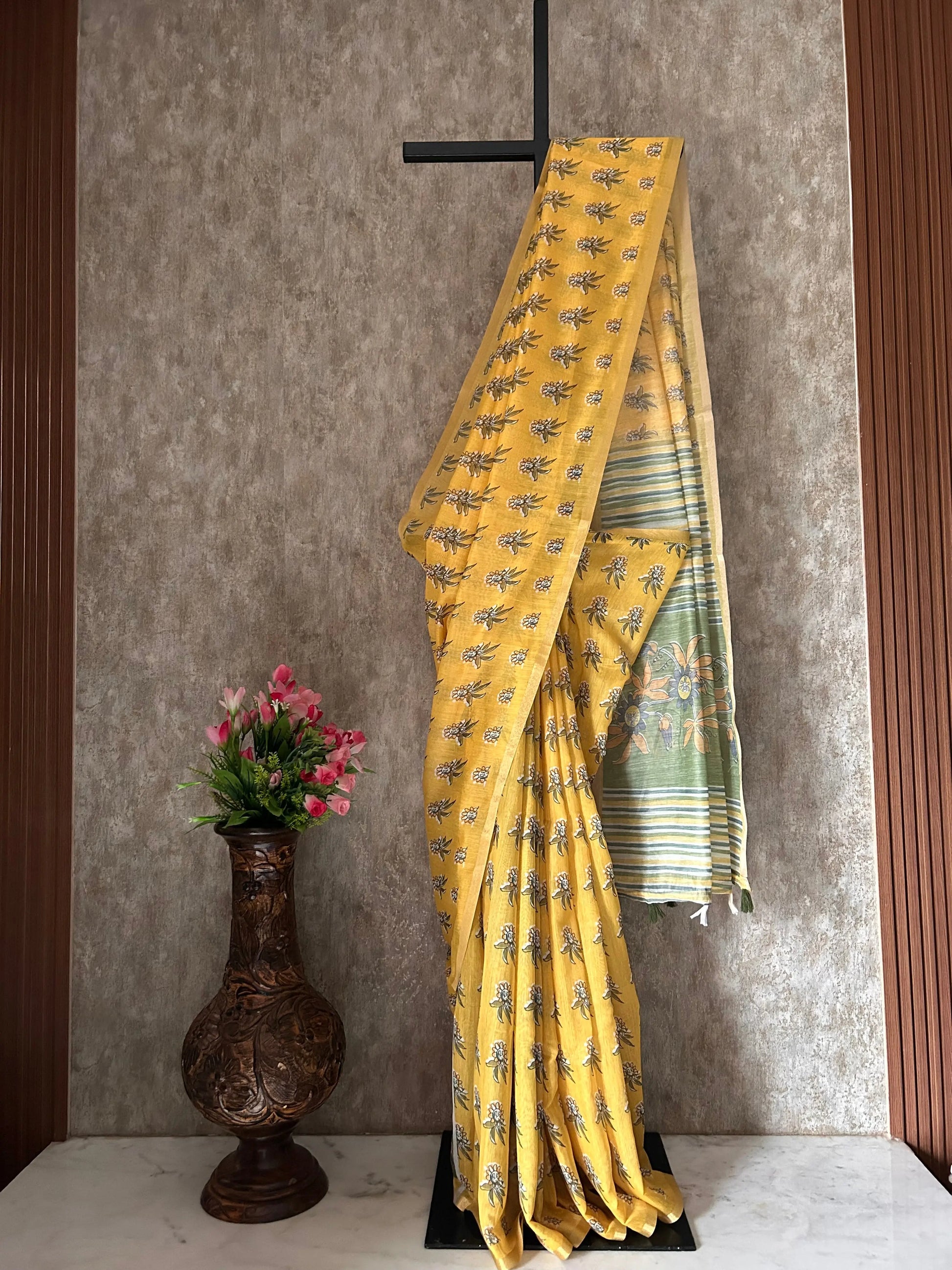 Lemon Yellow Color Printed Chanderi Saree for Daily wear Mandira Silks