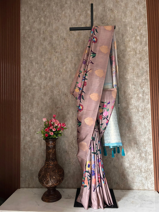 Grey Color Cotton Silk Saree with Kalamkari Printed Design 