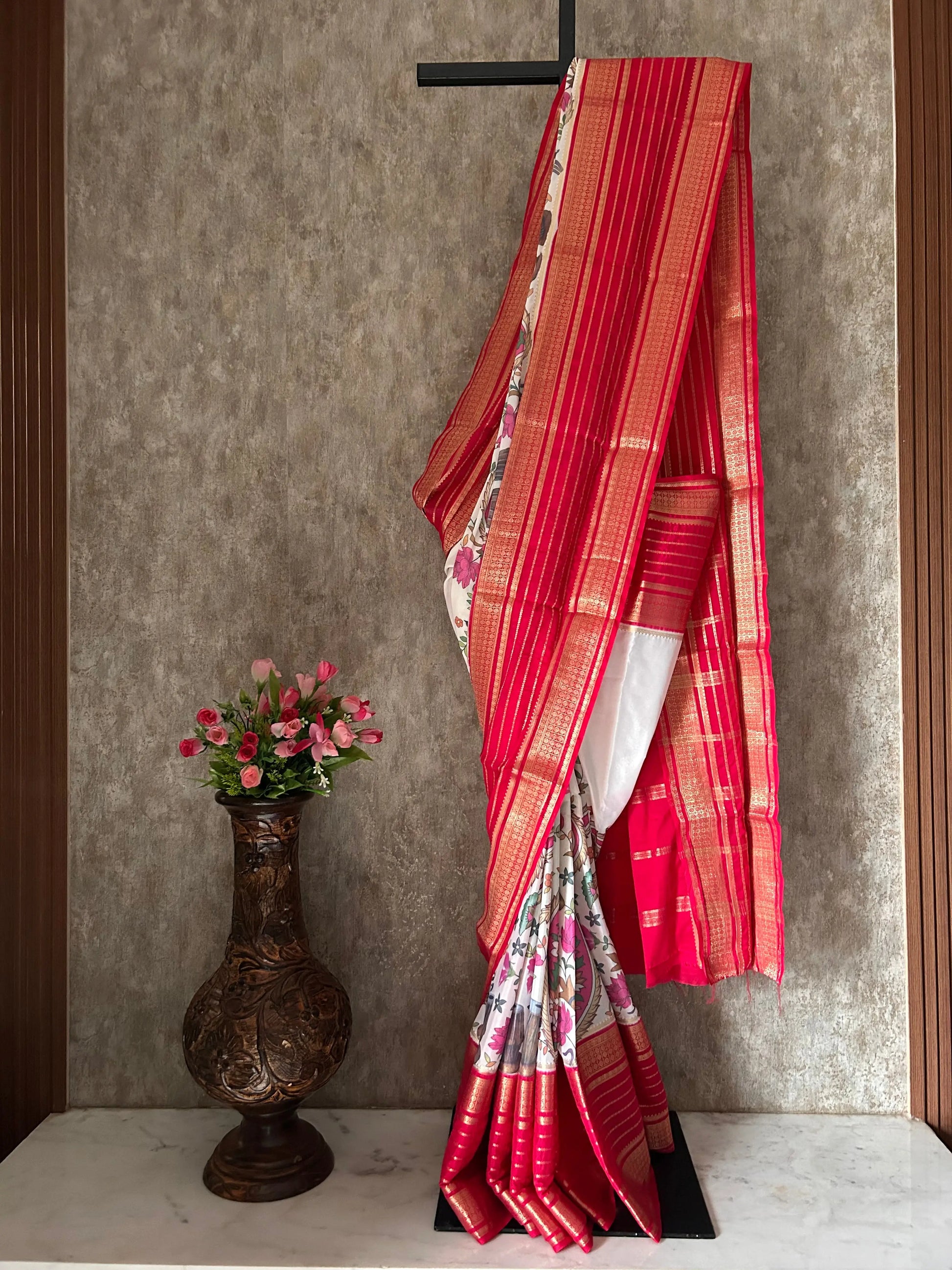 White and Red Color Semi Mysore Silk Saree with Kalamkari Design