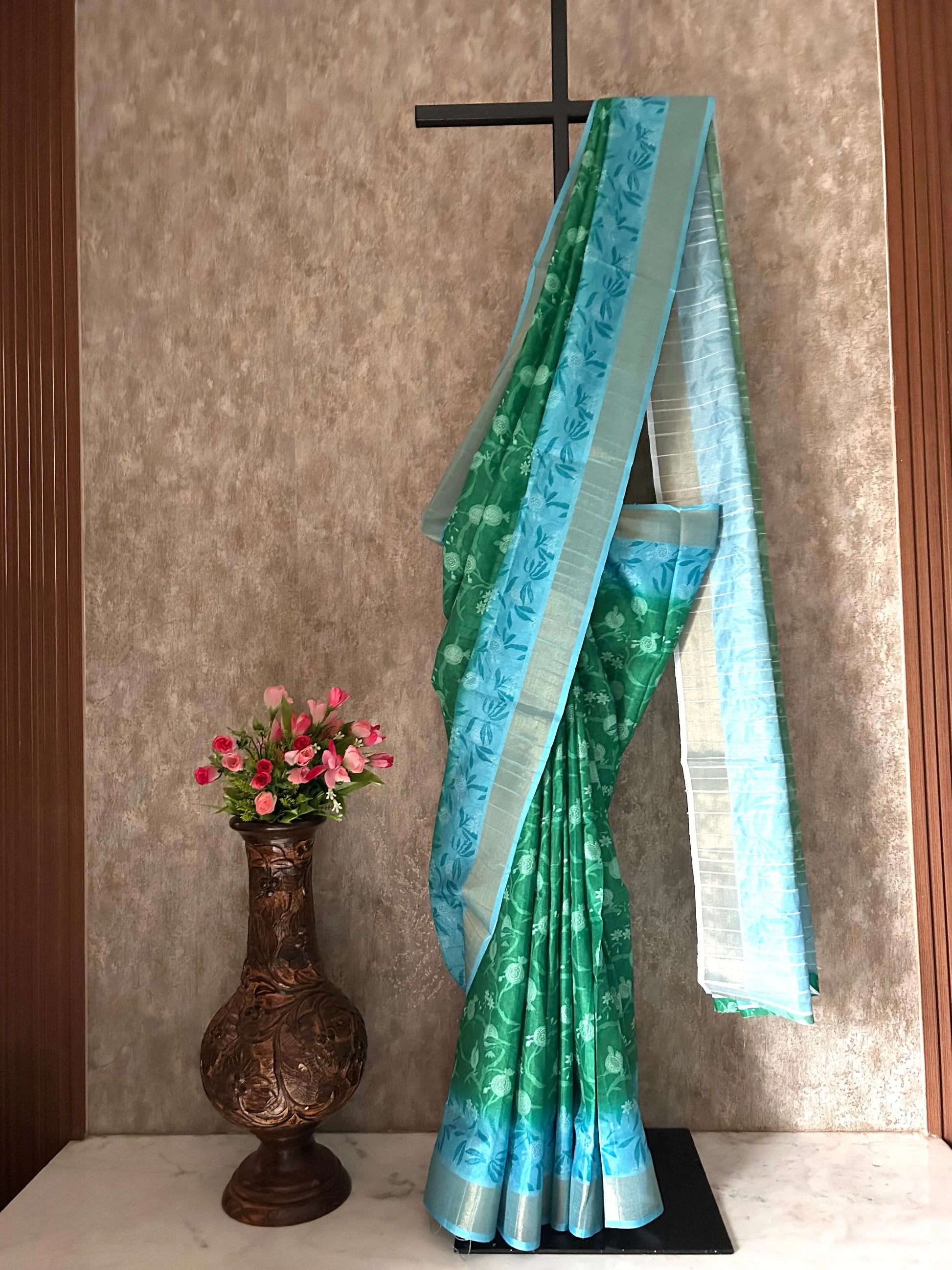 Green Color Semi Tussar Printed Daily wear Saree