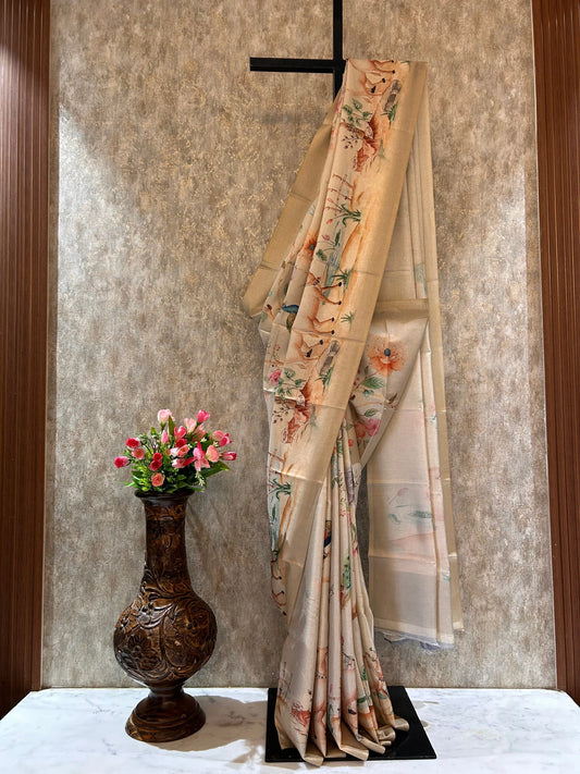 Cream Color Semi Tussar Printed Saree