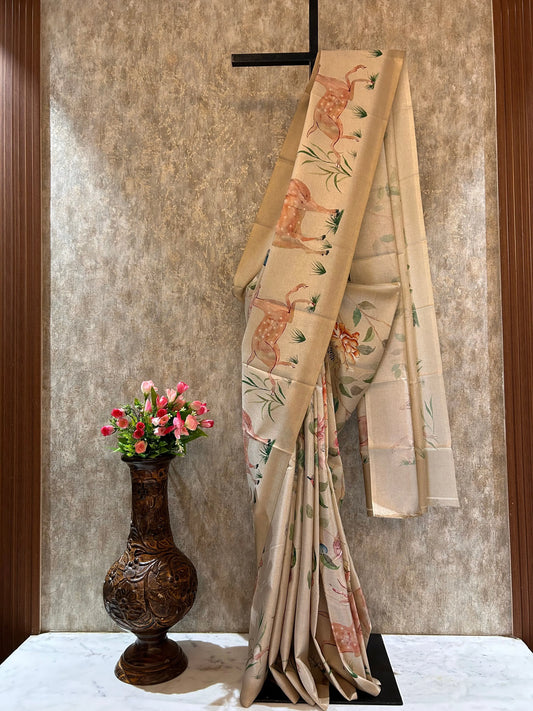 Cream Color Semi Tussar Animal Printed Saree