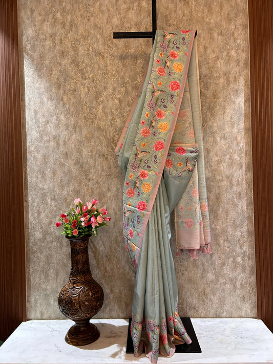 Pastel Blue Color Semi Tussar Silk Floral Printed Saree